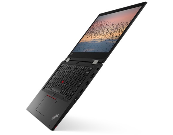 Thin and light Lenovo ThinkPad L13 Yoga laptop open 180 degrees.