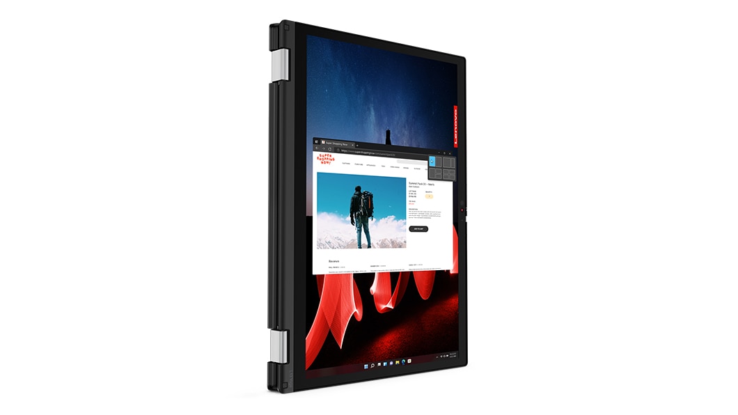 Lenovo ThinkPad L13 Yoga Gen 4 2-in-1 laptop folded on itself in tablet mode, positioned vertically.