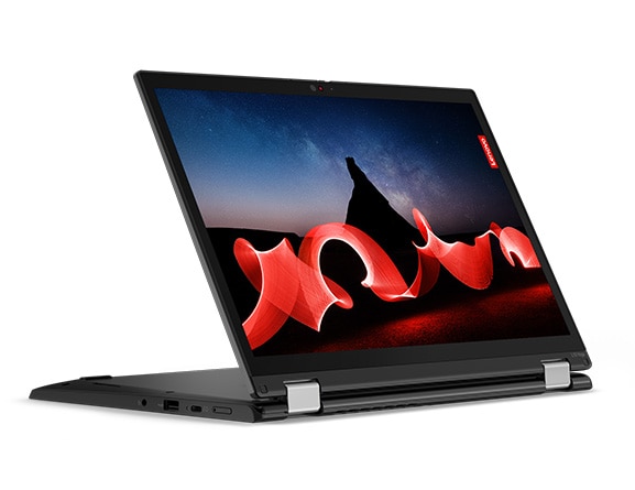 The Lenovo ThinkPad L13 Yoga Gen 4 2-in-1 laptop in presentation mode, showcasing the display.