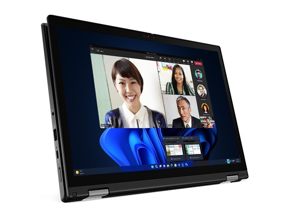 Front-facing Lenovo ThinkPad L13 Yoga Gen 4 2-in-1 laptop in tablet mode, positioned horizontally.