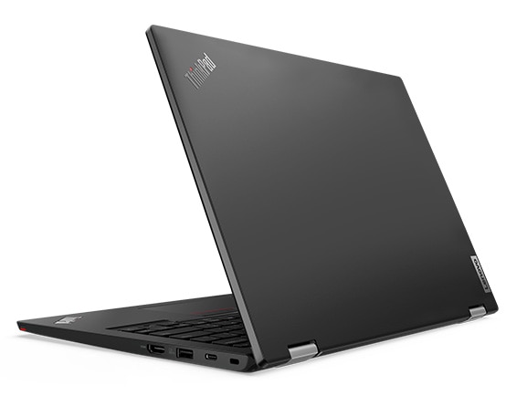 Rear-side of the Lenovo ThinkPad L13 Yoga Gen 4 2-in-1 laptop open 90 degrees. 