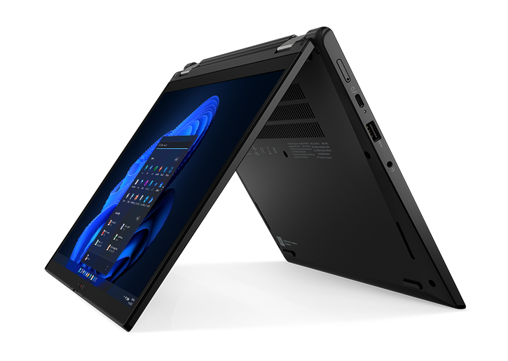 Right profile view of the Lenovo ThinkPad L13 Yoga Gen 4 2-in-1 laptop in tent mode with Windows 11 Pro Start menu on display.