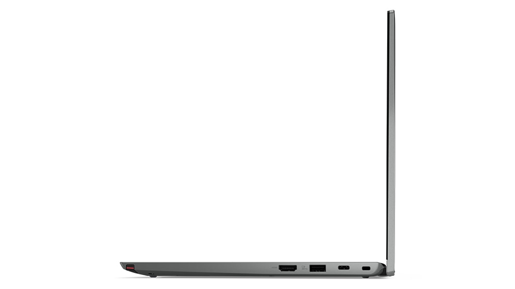 Lenovo Thinkpad L13 Yoga Gen4 right side profile showcasing ports, open 90 degrees.