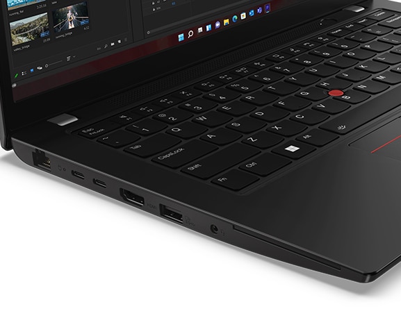 Lenovo ThinkPad L14 Gen 4 (14” AMD) laptop – closeup left-front view, showing ports, lid open