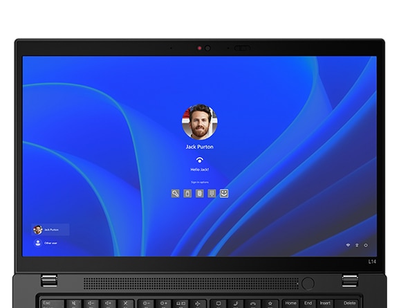 Lenovo ThinkPad L14 Gen 4 (14” AMD) laptop – front view, lid open with login screen