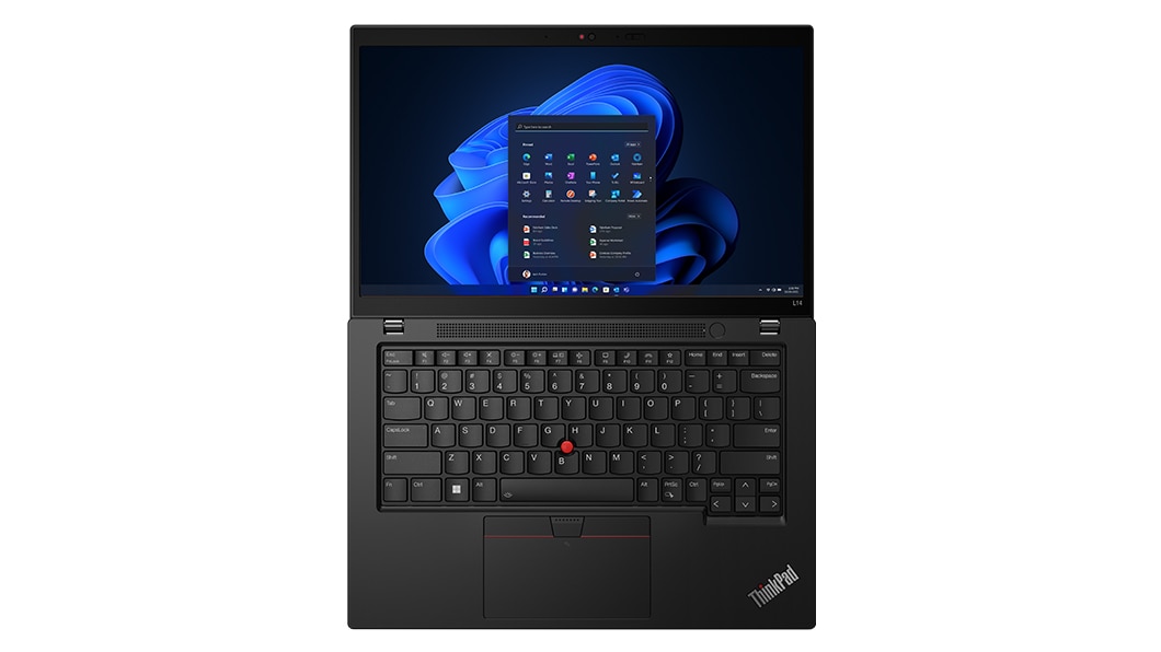 Lenovo ThinkPad L14 Gen 4 (14” AMD) laptop – front view from above, lid open 180 degrees with search window over blue wavy background