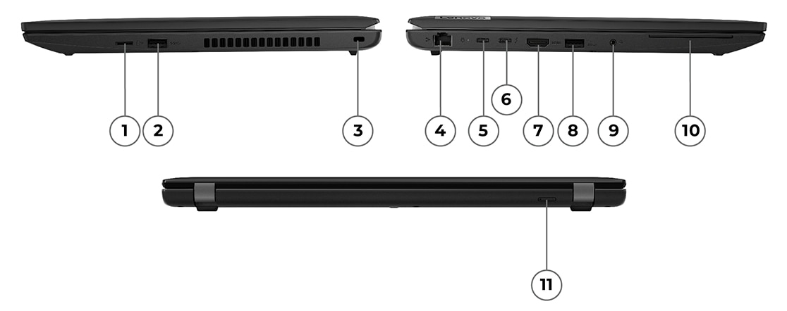 Trije prenosniki Lenovo ThinkPad L15 4. generacije (15, Intel) – pogled z desne, leve in zadnje strani, pokrovi zaprti, vrata oštevilčena za lažjo identifikacijo