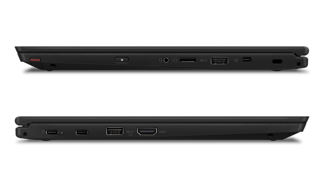 Lenovo ThinkPad L390 Yoga - Two shots of the 2-in-1 laptop, showing the ports on each side