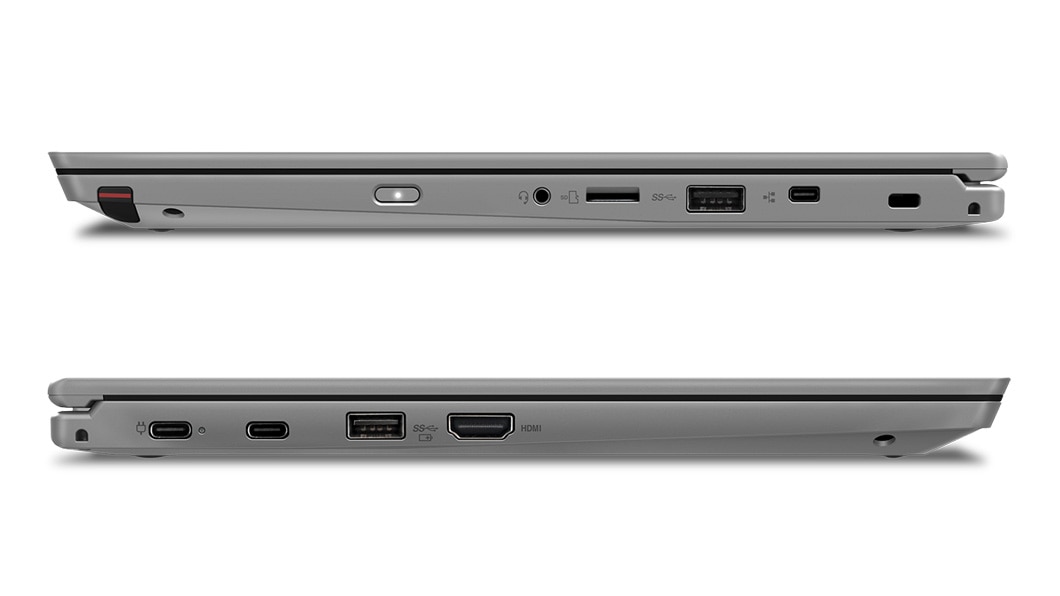 Lenovo ThinkPad L390 Yoga - Two shots pf the silver 2-in-1 laptop, showing the ports on each side