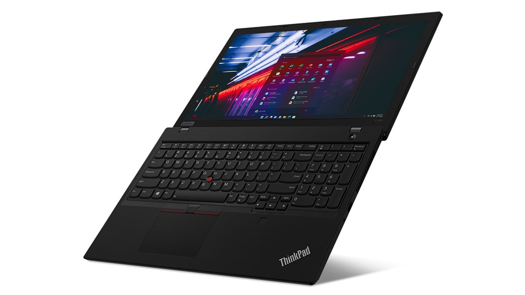 Right angle view of the ThinkPad L590 laptop, open flat