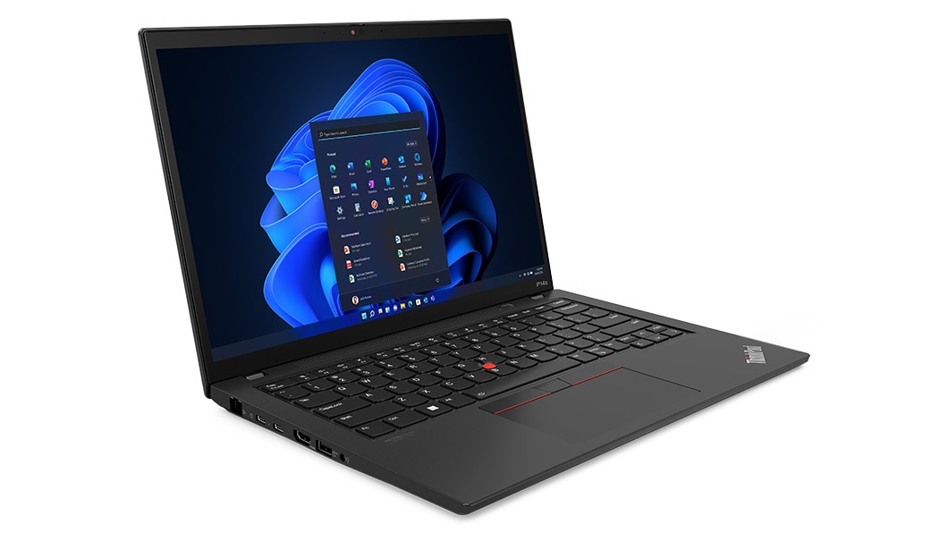 Lenovo ThinkPad P14s Gen 4 (14” AMD) mobile workstation, opened at an angle,  showing keyboard, display with Windows 11 start-up screen, & left-side ports