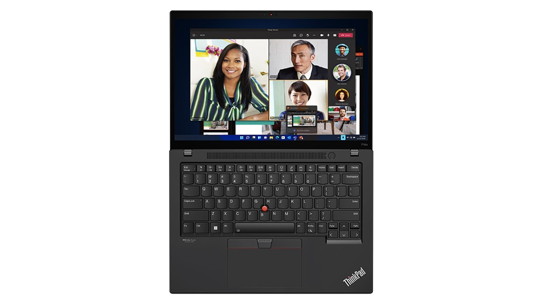 Aerial view of Lenovo ThinkPad P14s Gen 4 (14” AMD) mobile workstation, opened flat 180 degrees, showing keyboard & display with conference call in action