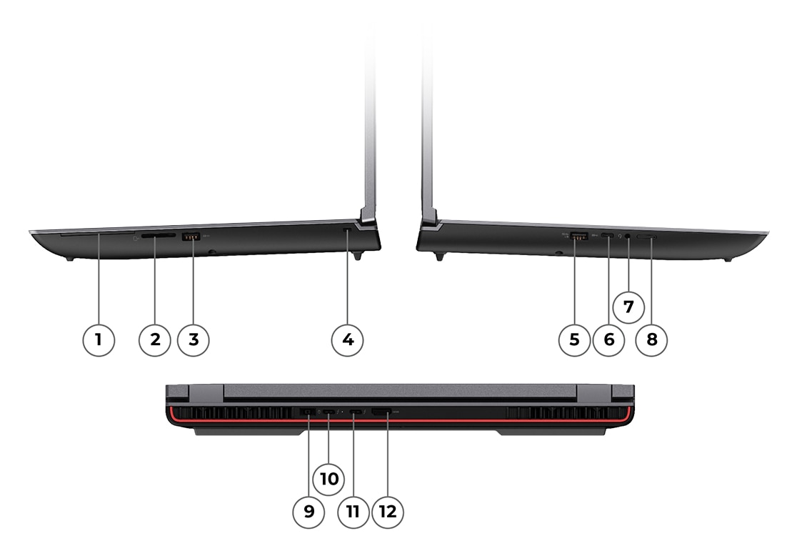 Prikaz vrat na levi, desni in zadnji strani prenosnika Lenovo ThinkPad P16 2. generacije (16, Intel)
