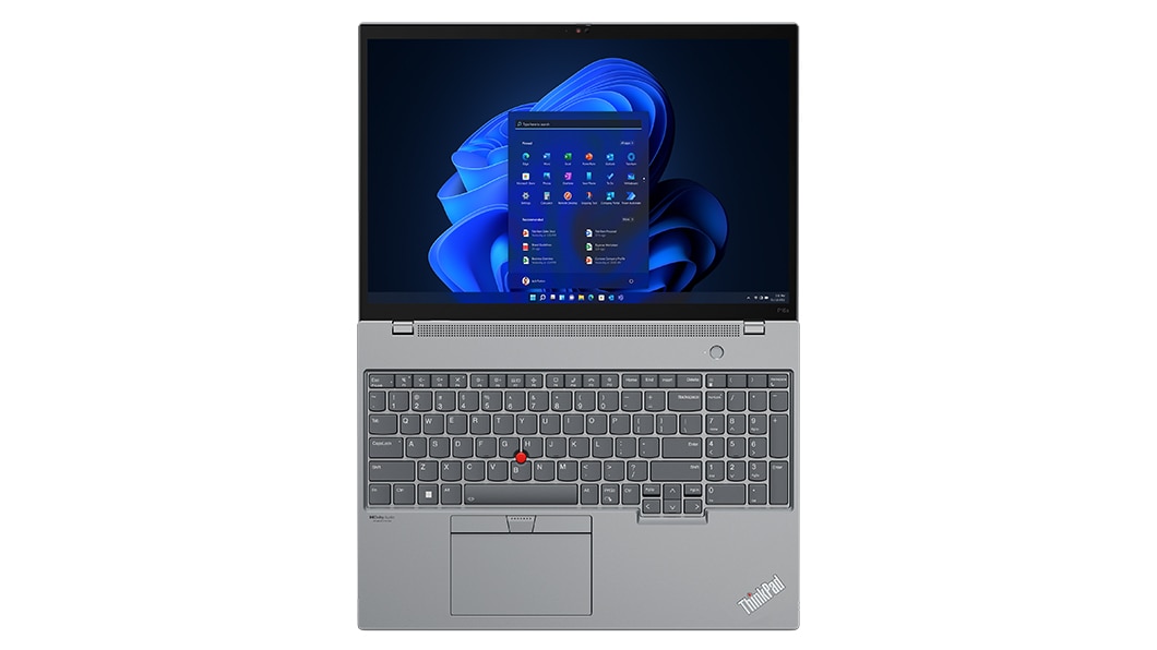 Aerial view of Lenovo ThinkPad P16s Gen 2 (16″ AMD), opened 180 degrees flat, showing keyboard & display with Windows 11 screen