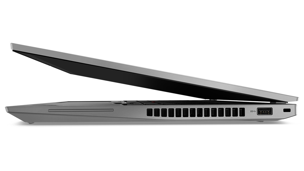 Side view of Lenovo ThinkPad P16s Gen 2 (16″ AMD) laptop, slightly opened, showing edges of top cover & keyboard, & left-side ports
