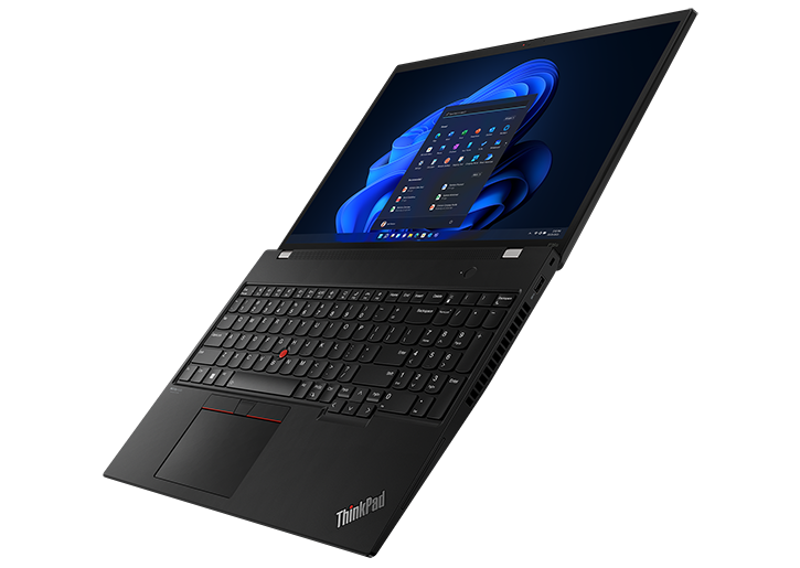 Side--facing Lenovo ThinkPad P16s Gen 2 (16″ AMD) laptop, opened, showing display, Windows 11 screen, keyboard & right-side ports