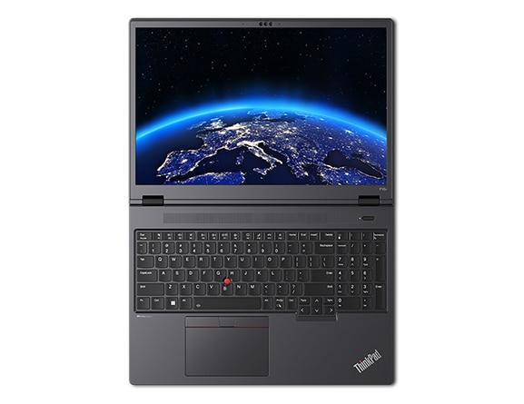 Aerial view of Lenovo ThinkPad P16v (16” Intel) mobile workstation, opened 180 degrees flat, showing keyboard & display, showing an image of Earth from space