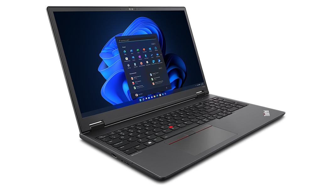 Lenovo ThinkPad P16v (16” Intel) mobile workstation, opened at an angle,  showing keyboard, display with Windows 11 start-up screen, & left-side ports