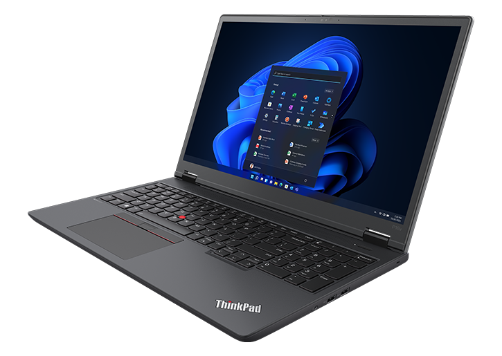 Lenovo ThinkPad P16v (16” Intel) mobile workstation, opened at an angle,  showing keyboard, display with Windows 11 start-up screen, & right-side ports