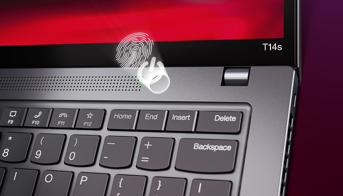 Detail of a Lenovo ThinkPad T Series laptop in silver, showcasing the fingerprint reader integrated with the power button.