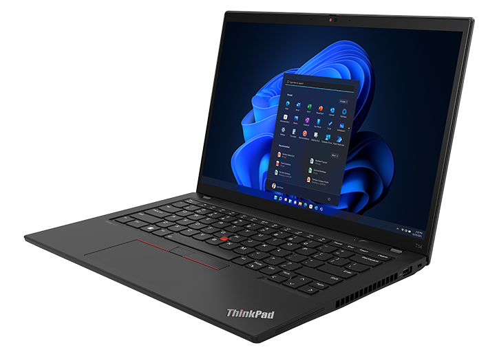 Overhead shot of Lenovo ThinkPad T14 Gen 4 (14ʺ Intel) laptop open 90 degrees, angled to show right-side ports, keyboard & display.