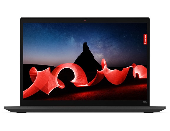Front-facing, upward-angled Lenovo ThinkPad T14s Gen 4 laptop with focus on the 14 inch display.