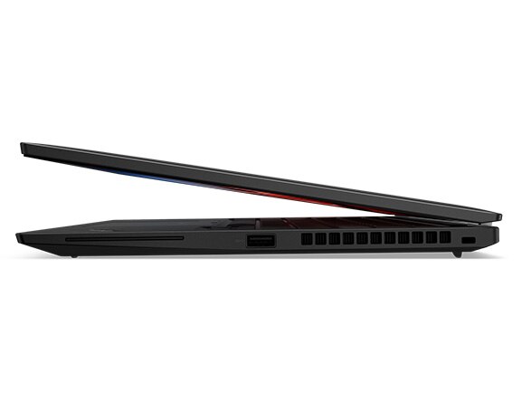 Right-side profile of the Lenovo ThinkPad T14s Gen 4 laptop in Deep Black, with top cover barely open.