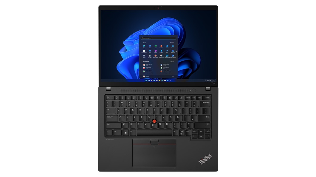 Overhead shot of the Lenovo ThinkPad T14s Gen 4 laptop open 180 degrees, showing keyboard & display. 