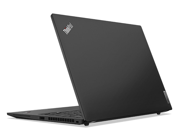 Rear-facing Lenovo ThinkPad T14s Gen 4 laptop, angled to show right-side ports & partial keyboard.