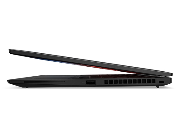 Vue latérale droite du portable Lenovo ThinkPad T14s Gen 4 ouvert à 15 degrés.
