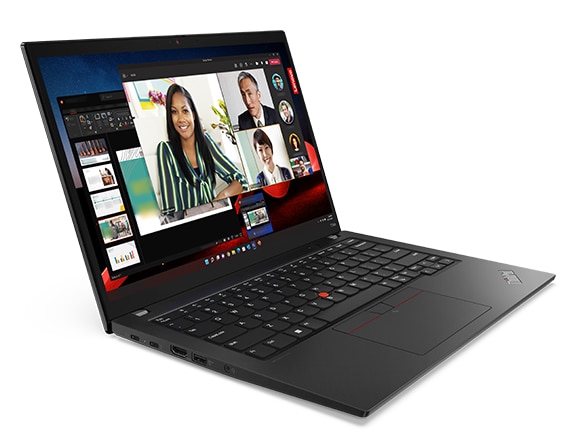 Lenovo ThinkPad T14s Gen 4 laptop open 90 degrees, angled to show left-side ports, keyboard, & a video call on the display.