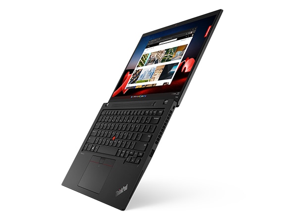 Floating Lenovo ThinkPad T14s Gen 4 laptop open 180 degrees, angled slightly to show right-side ports, keyboard & display.