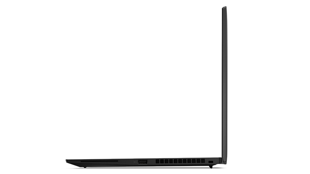 Right-side profile of the Lenovo ThinkPad T14s Gen 4 laptop open 90 degrees.
