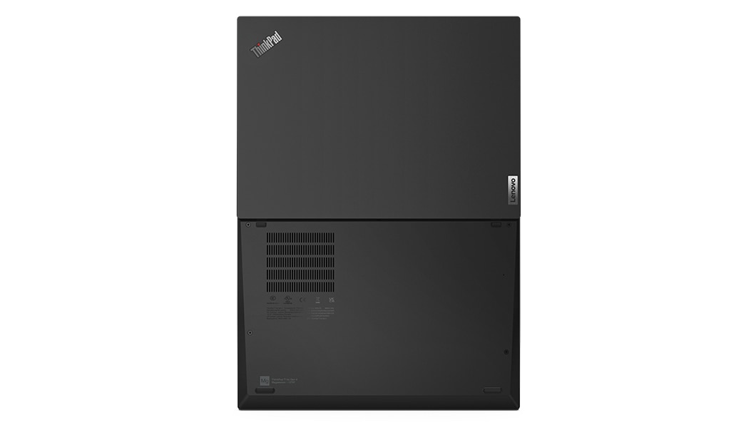Vue de dessus du portable Lenovo ThinkPad T14s Gen 4 ouvert à 180 degrés et montrant les capots inférieur et supérieur.
