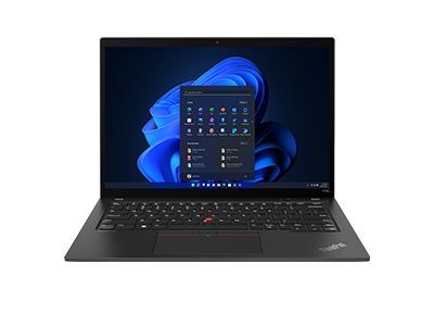 Front-facing Lenovo ThinkPad T14s Gen 4 (14ʺ Intel) laptop open 90 degrees with Windows 11 Pro Start menu on the display.
