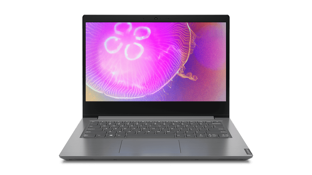 ThinkPad 14 AMD laptop opened, with a photo of a jellyfish on the screen