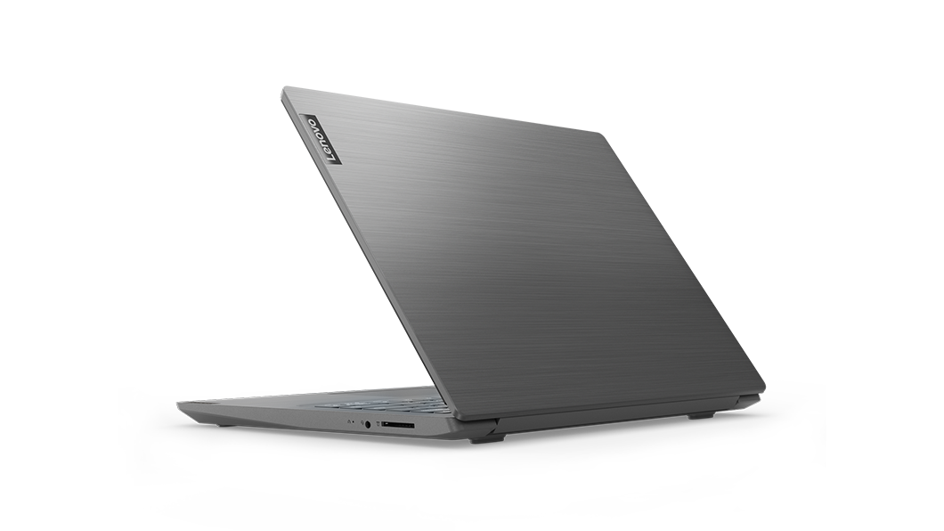 A rear view of ThinkPad 14 AMD laptop, with the cover slightly opened highlighting the Lenovo logo