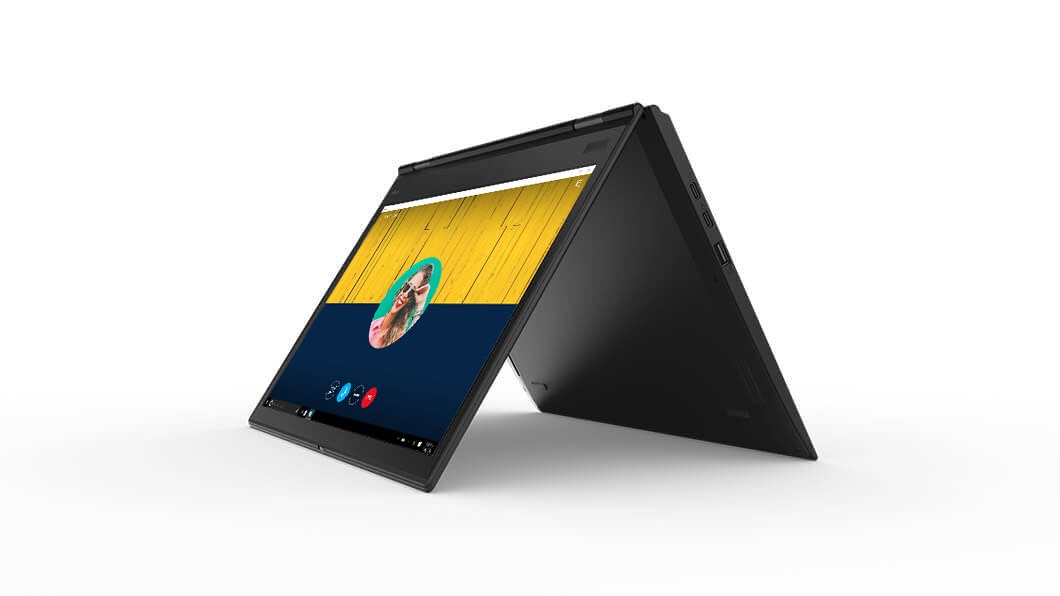 Lenovo ThinkPad X1 Yoga (3rd Gen) in tent mode with Skype for Business.