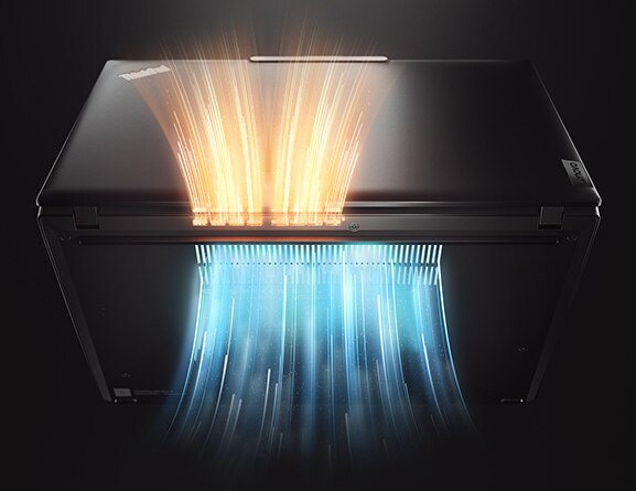 Rear-side of the Lenovo ThinkPad X13 Gen 4 laptop showcasing ventilation with shooting colored lights coming out.