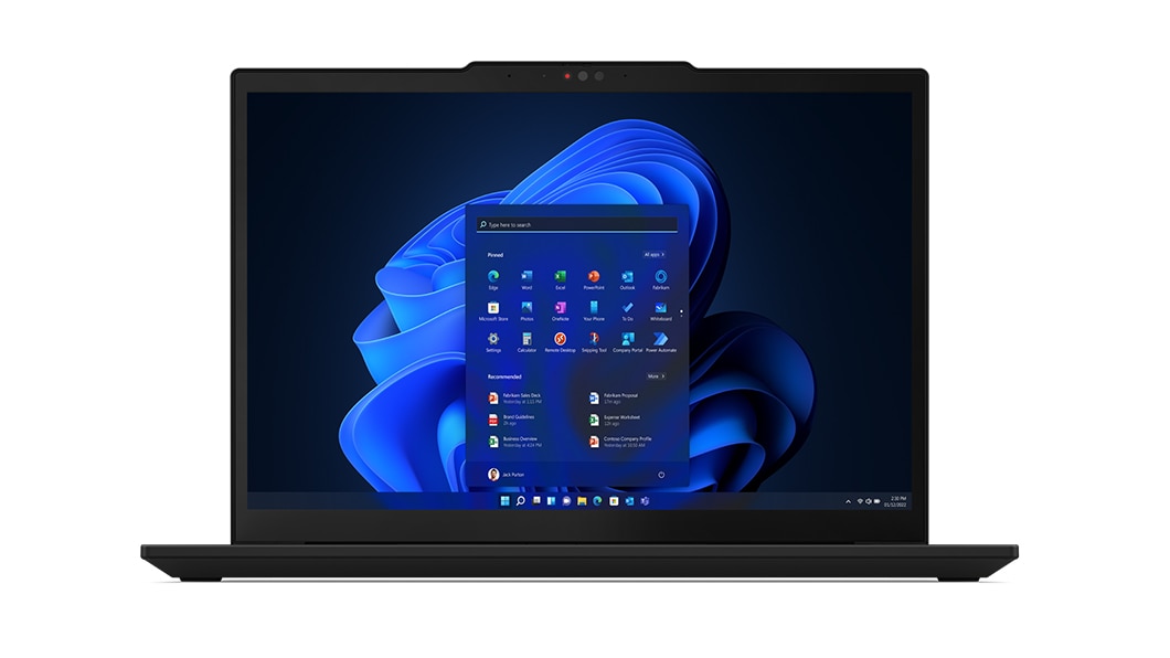 Front-facing, upward-angled Lenovo ThinkPad X13 Gen 4 laptop with focus on the 13.3 inch display.