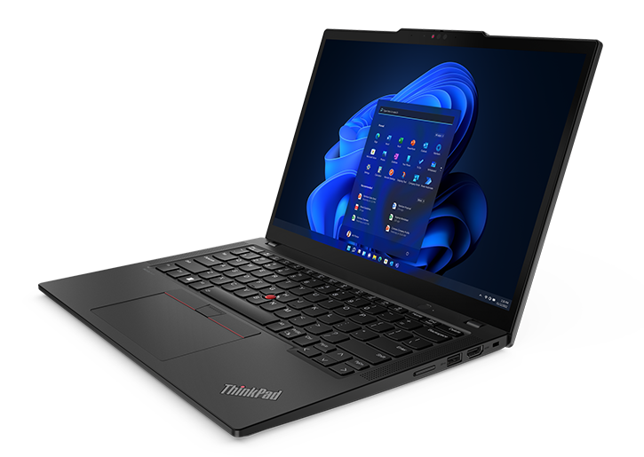 Overhead shot of the Lenovo ThinkPad X13 Gen 4 laptop, open 90 degrees with Windows 11 Pro Start menu on display & angled to show right-side ports.
