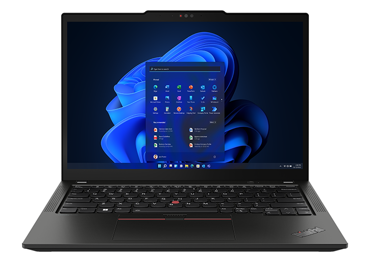 A front-facing ThinkPad X13 Gen 4 laptop open 90° to show off the keyboard and display