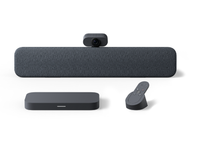 Charcoal Lenovo ThinkSmart Google Meet Room Kit with speaker bar, standard camera, compute unit, and remote controller