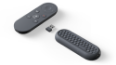 Thumbnail view of two Lenovo ThinkSmart Google Meet Room Kit remote controls with front buttons, rear keyboard and USB dongle