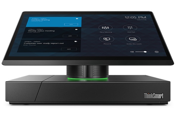 Lenovo ThinkSmart Hub 500 with its LED Skype status ring on: Enables teams to work smarter together, not longer