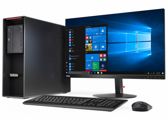 Lenovo ThinkStation P520 full desktop view - monitor, keyboard, mouse