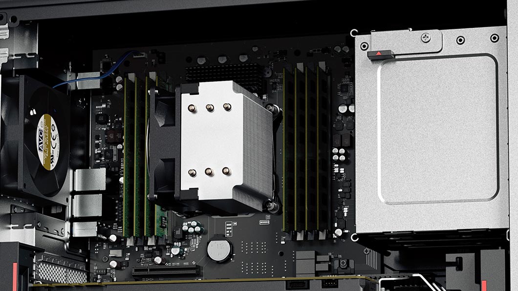 Vista en primer plano del hardware en el Lenovo ThinkStation P520 (sin el panel); compatible con RV y con certificación ISV