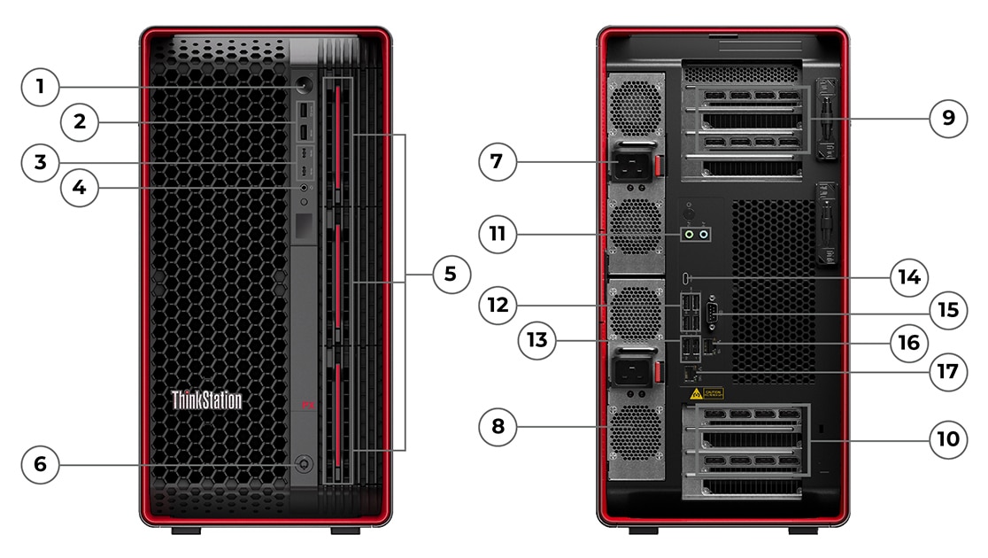 Front & rear views of Lenovo ThinkStation PX workstation stood vertically, showing front & rear ports