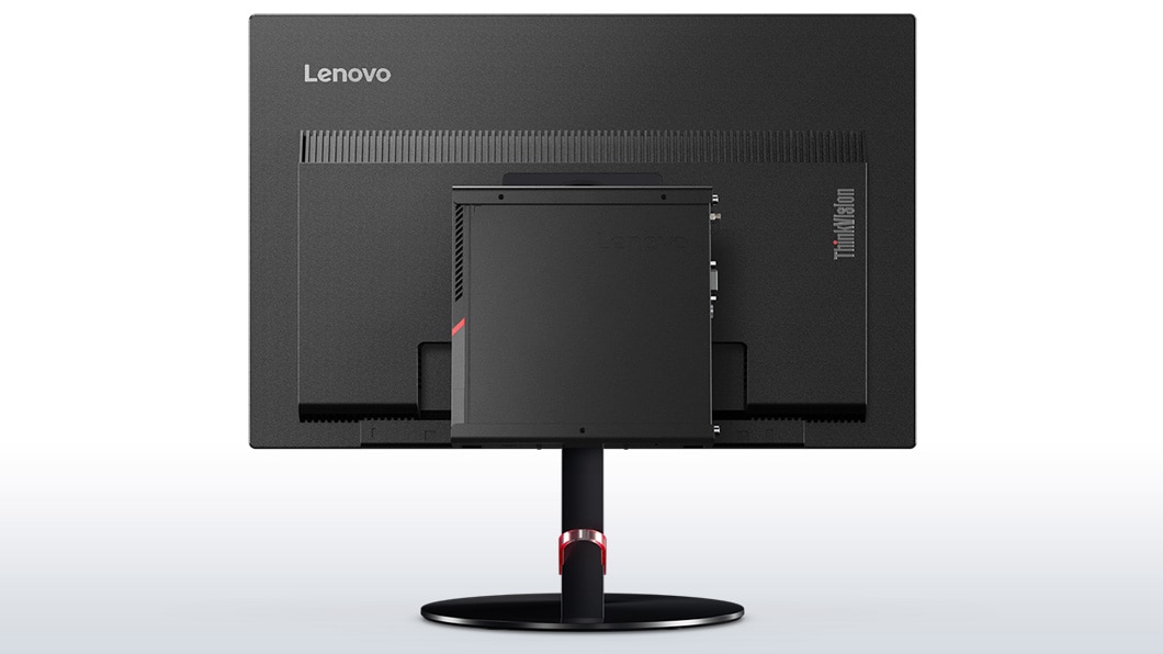 Lenovo ThinkCentre M900 Tiny, back view of monitor with device attached