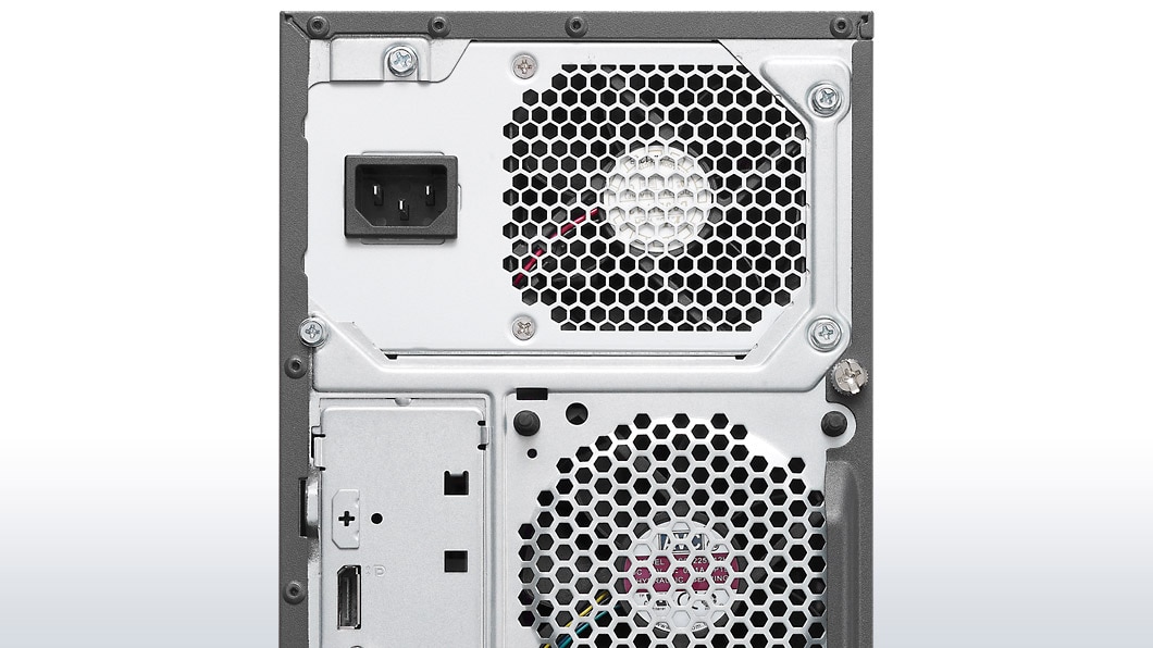 Lenovo ThinkCentre E73 Mini Tower, back upper half view of power adapter connection point and fans